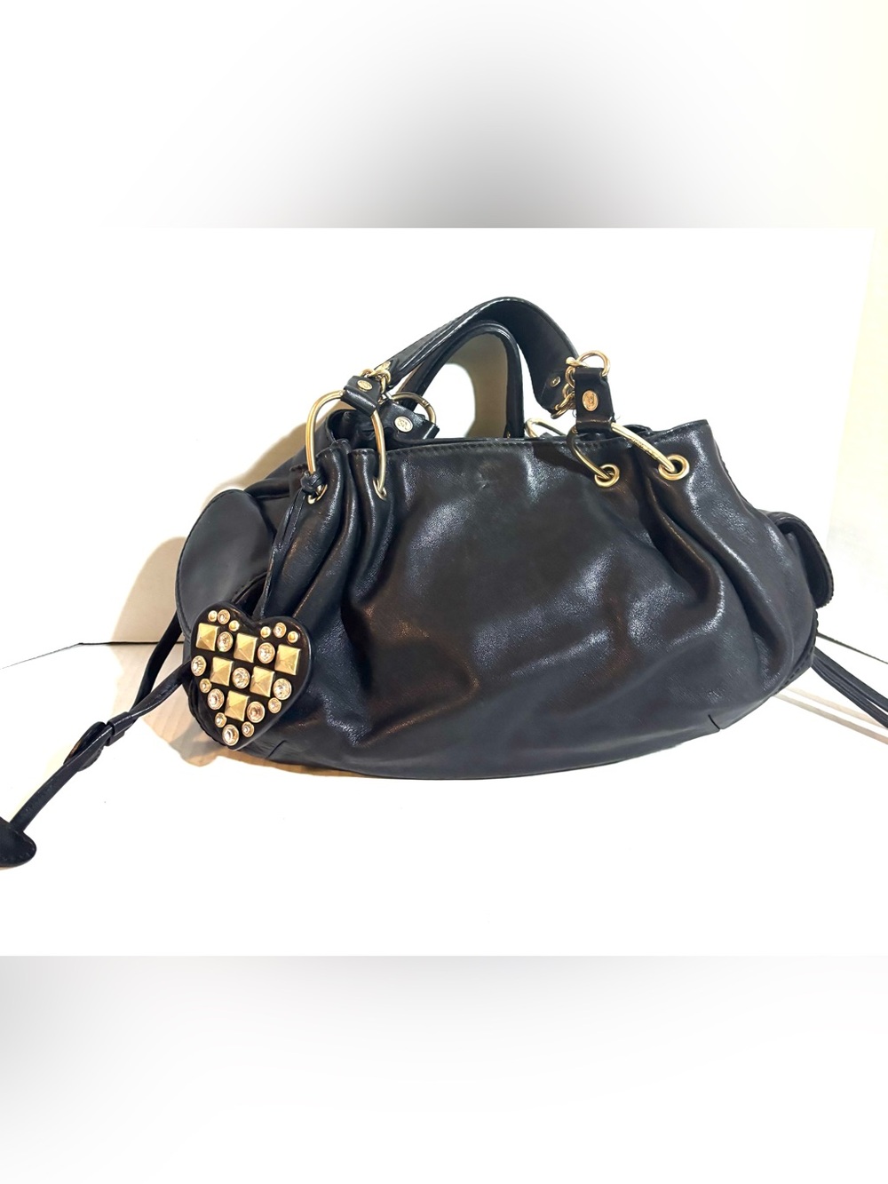 Black Leather Tote Bag with Heart Charm - Unbranded